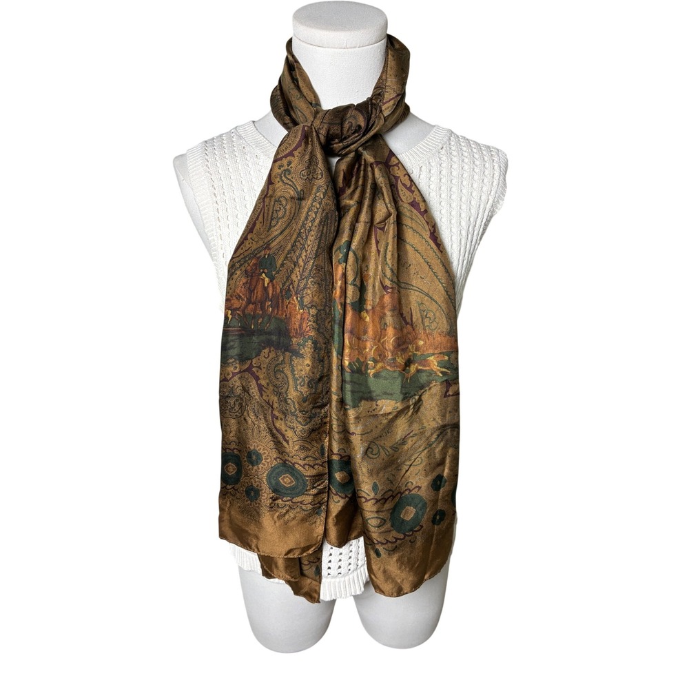 Equestrian Hunting Scene Paisley Scarf Fox Hunt Horse Hounds Bronze Green OS